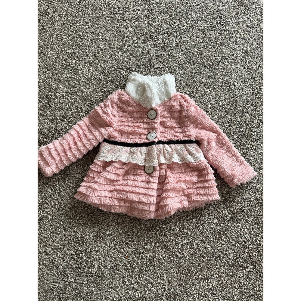 Little Lass Toddler Girls Pink Faux Fur Ruffle Jacket Lace Trim Size 2T